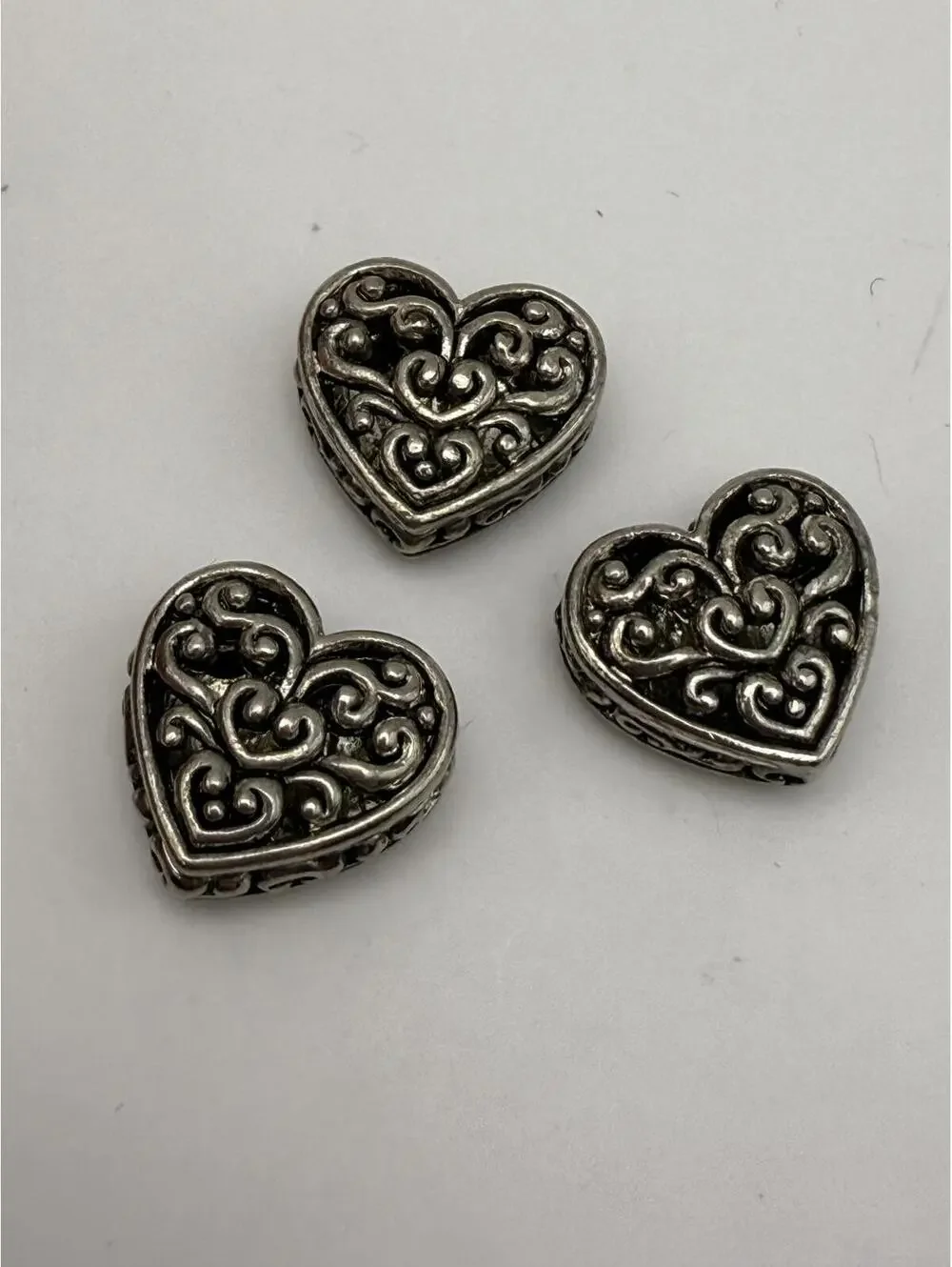 3 large Heart-Shaped Silver Beads